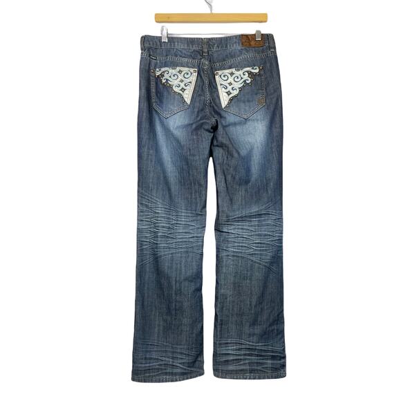 Adiktd | Embellished Pockets Flare Leg Mid Rise Dark Wash Jeans - Picture 1 of 8